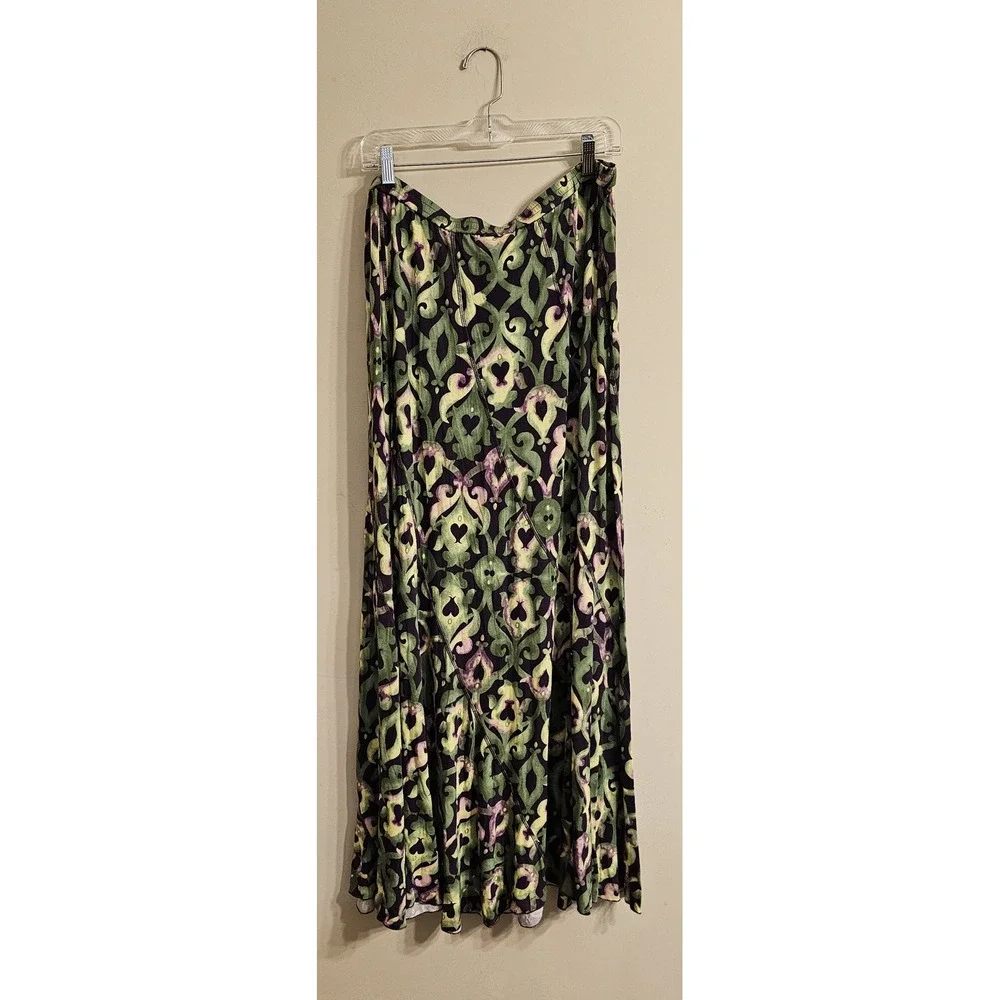 Soft Surroundings Maxi Skirt Women XL Green Purple Damask Scroll Stretch 25919